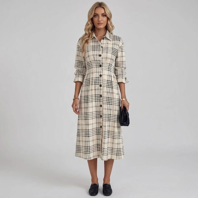 Classic checked A-line midi dress – effortless comfort and chic everyday style