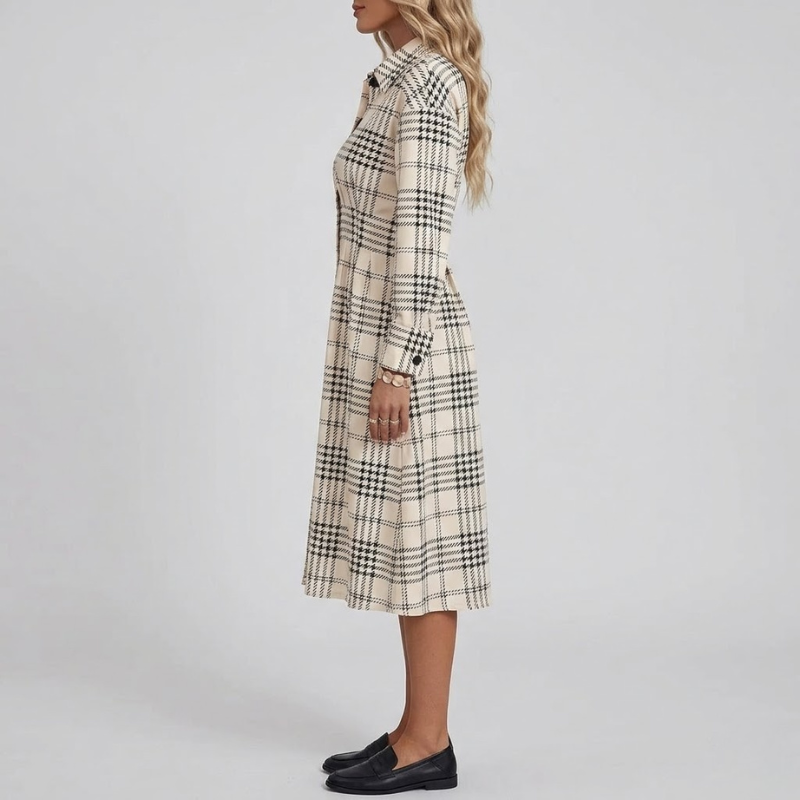 Classic checked A-line midi dress – effortless comfort and chic everyday style