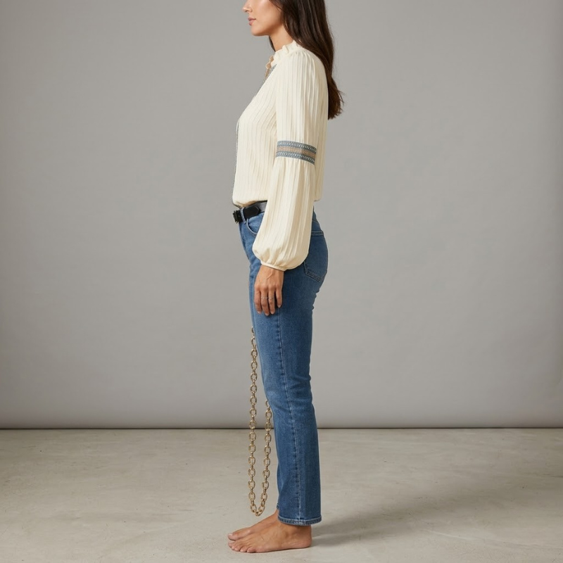 Bluzka z falbanką i haftem dla kobiet – bluzka z bufiastymi rękawami i długim rękawem