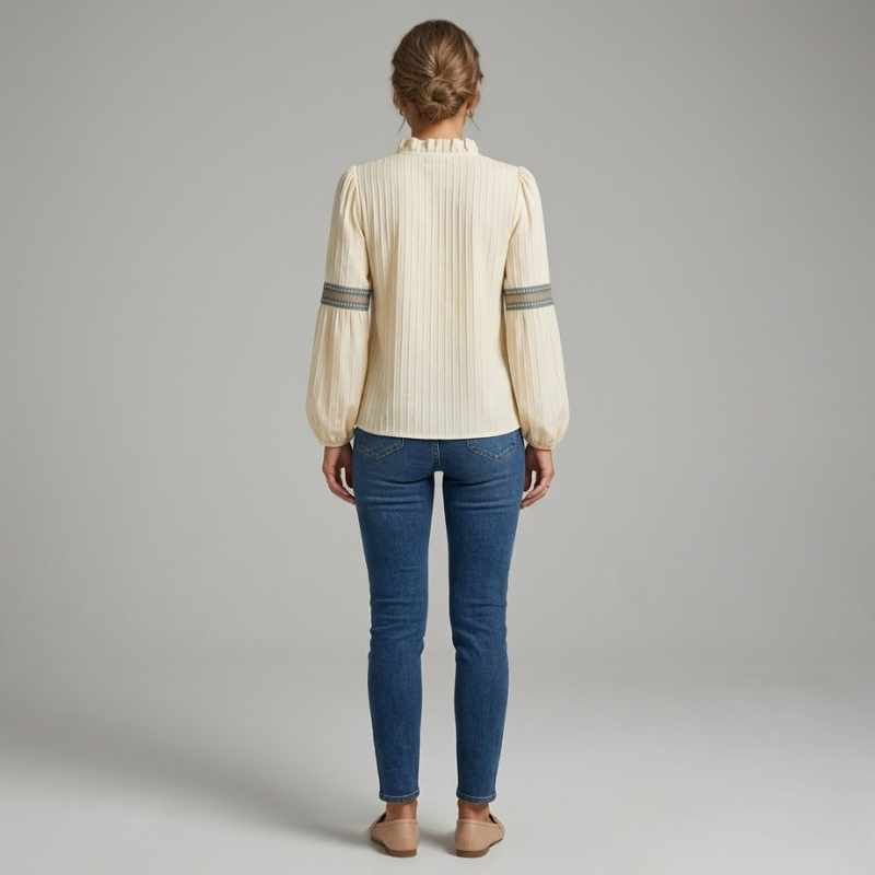 Bluzka z falbanką i haftem dla kobiet – bluzka z bufiastymi rękawami i długim rękawem