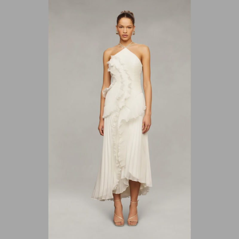 Ponadczasowa plisowana sukienka midi – damska sukienka z miękkim falbanką, która przyciąga wzrok