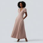 Loose maxi dress - V-neck, short sleeve, built-in bra, and tie back