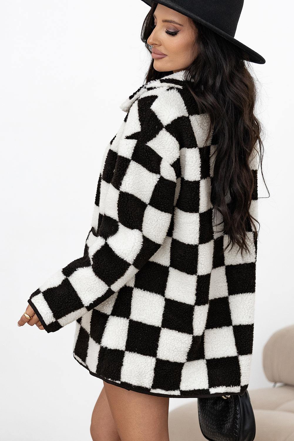 Ilaria | Women's Plaid Fleece Jacket – Plaid Button-Up Coat