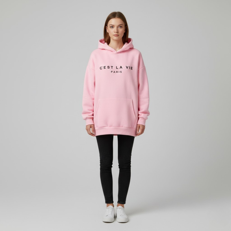 Damska bluza z kapturem oversize i grafiką – wygodna odzież uliczna z kieszenią z przodu