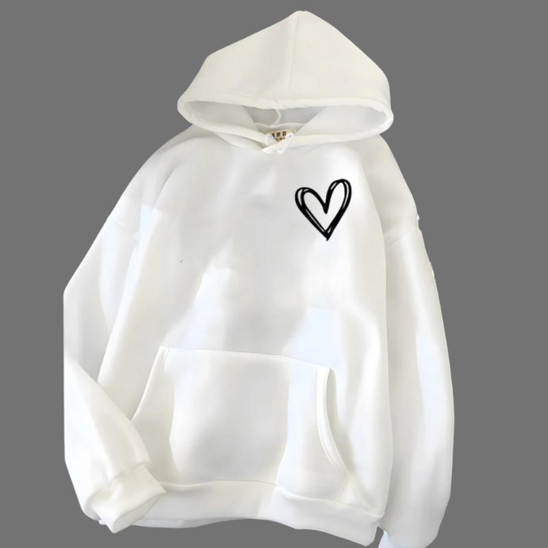 Damska bluza z kapturem i grafiką w kształcie serca o luźnym kroju – swobodny, przytulny styl uliczny