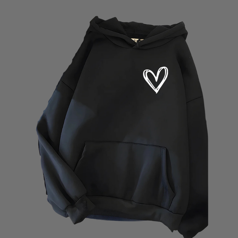 Damska bluza z kapturem i grafiką w kształcie serca o luźnym kroju – swobodny, przytulny styl uliczny