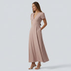 Loose maxi dress - V-neck, short sleeve, built-in bra, and tie back
