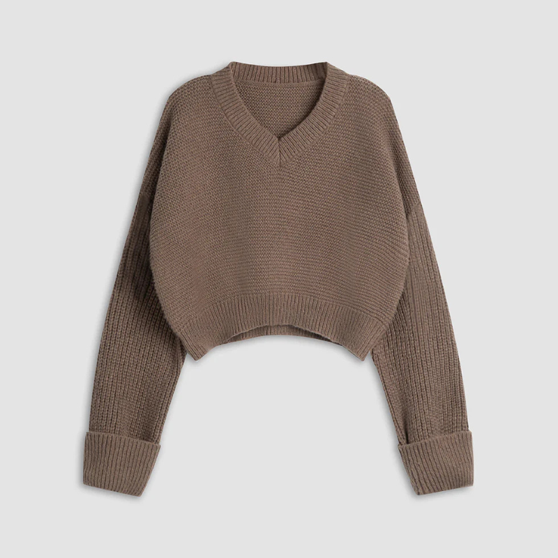 Krótki sweter z dzianiny z dekoltem w serek – wygodny, swobodny sweter damski