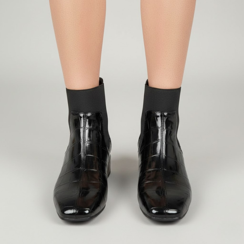 Elegant, slip-on ankle boots with square toes - women's, fashionable shoes on a low, block heel