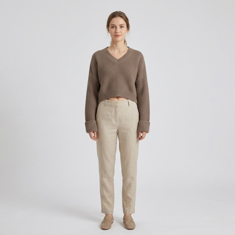 Krótki sweter z dzianiny z dekoltem w serek – wygodny, swobodny sweter damski