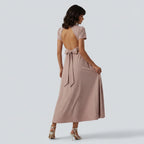 Loose maxi dress - V-neck, short sleeve, built-in bra, and tie back