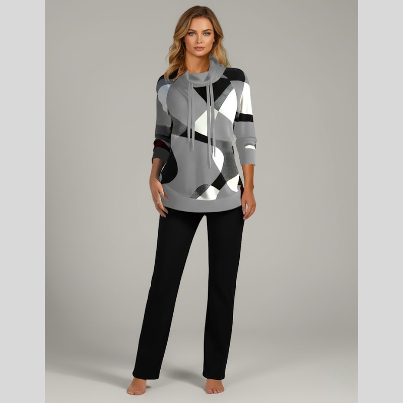 Damska bluza z kapturem w geometryczny wzór – stylowy sweter z długim rękawem