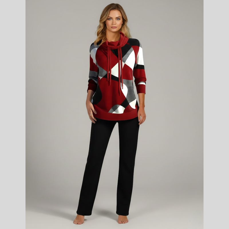 Damska bluza z kapturem w geometryczny wzór – stylowy sweter z długim rękawem