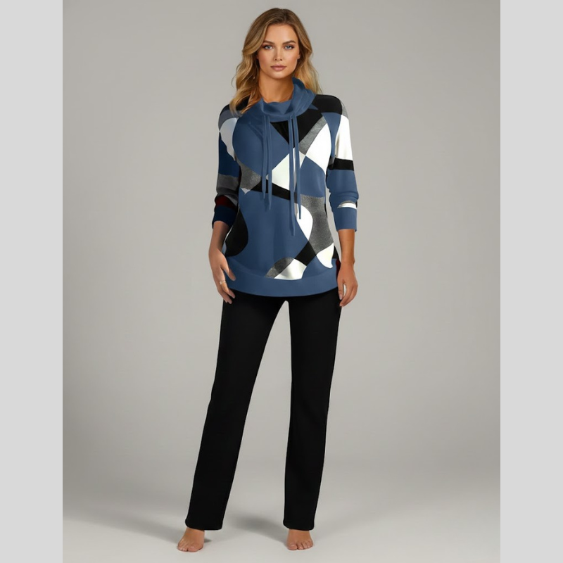 Damska bluza z kapturem w geometryczny wzór – stylowy sweter z długim rękawem
