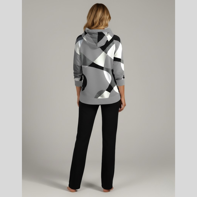 Damska bluza z kapturem w geometryczny wzór – stylowy sweter z długim rękawem