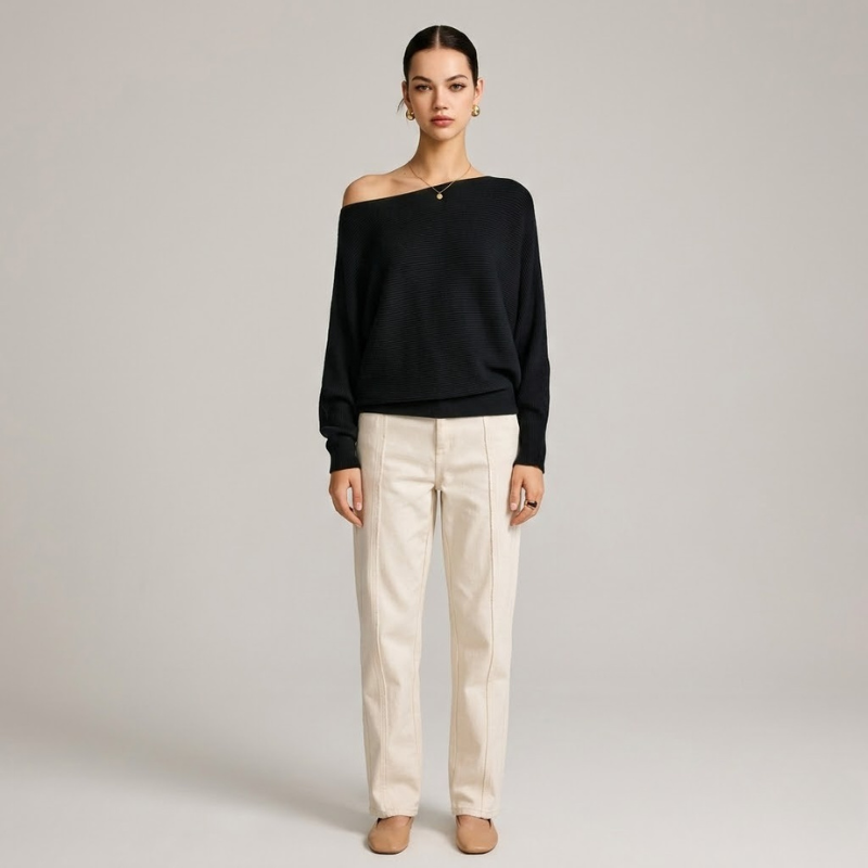 Modny asymetryczny sweter z odkrytymi ramionami – swobodny, szykowny sweter dla kobiet