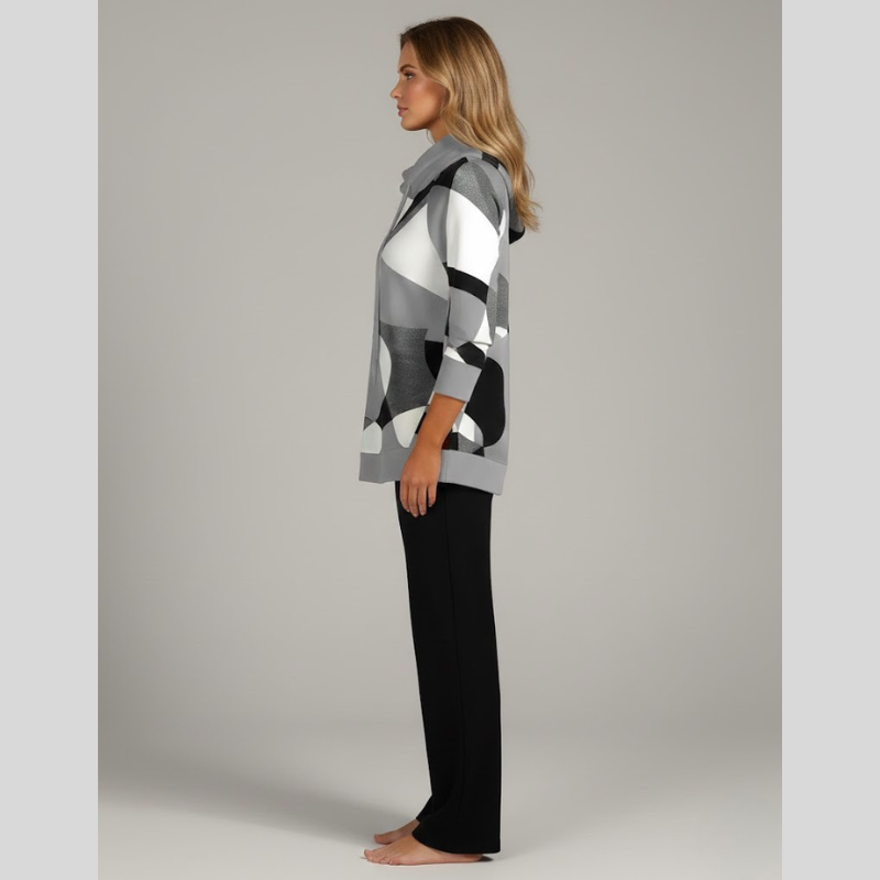 Damska bluza z kapturem w geometryczny wzór – stylowy sweter z długim rękawem