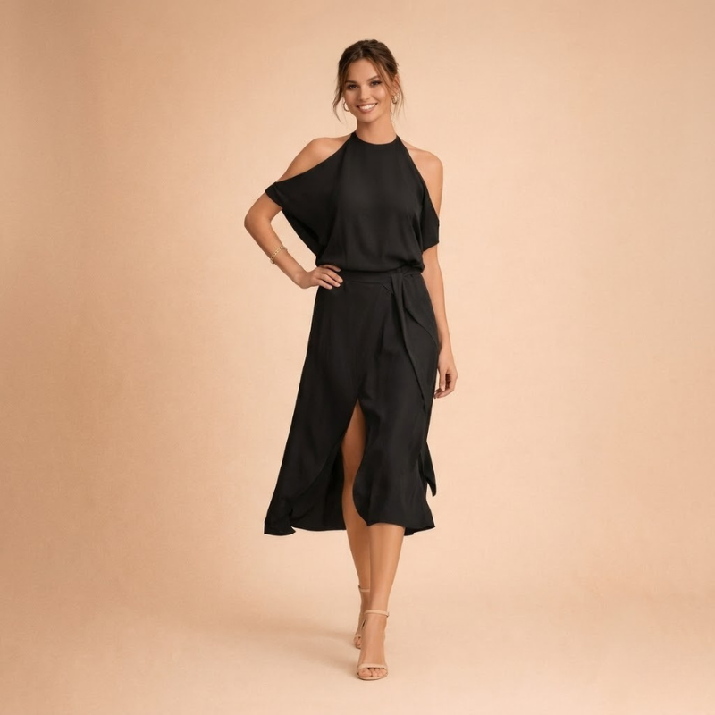 Elegancka sukienka midi z odkrytymi ramionami i wiązaniem typu halter dla kobiet – zwiewna sylwetka idealna na imprezy
