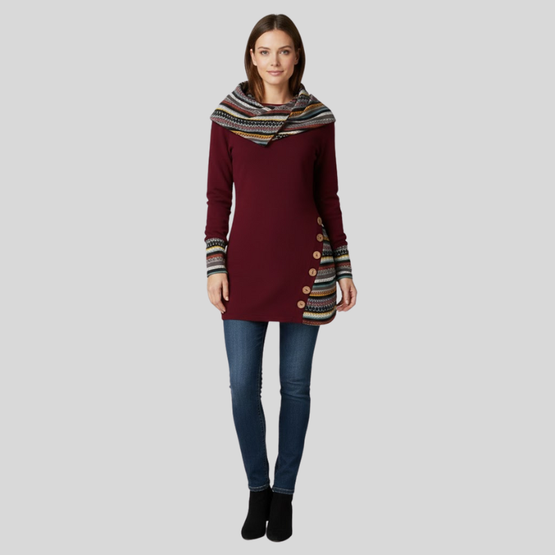 Damski sweter z kapturem – ciepły, zimowy, etniczny wzór