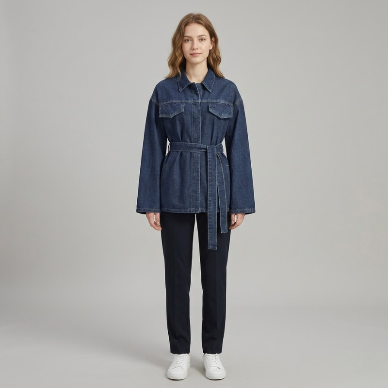 Klasyczna damska kurtka dżinsowa z paskiem – pochlebny, dopasowany krój, swobodna warstwa wierzchnia