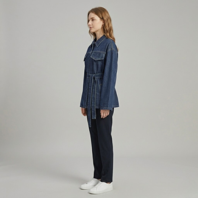 Klasyczna damska kurtka dżinsowa z paskiem – pochlebny, dopasowany krój, swobodna warstwa wierzchnia