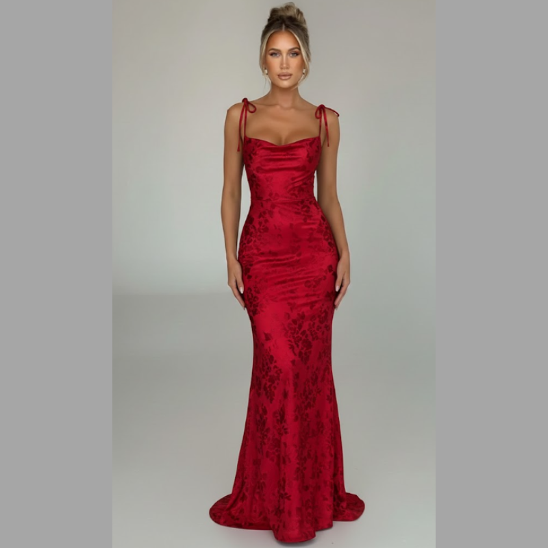 Elegancka wieczorowa suknia damska z dekoltem typu cowl – sukienka maxi z wiązaniem na plecach