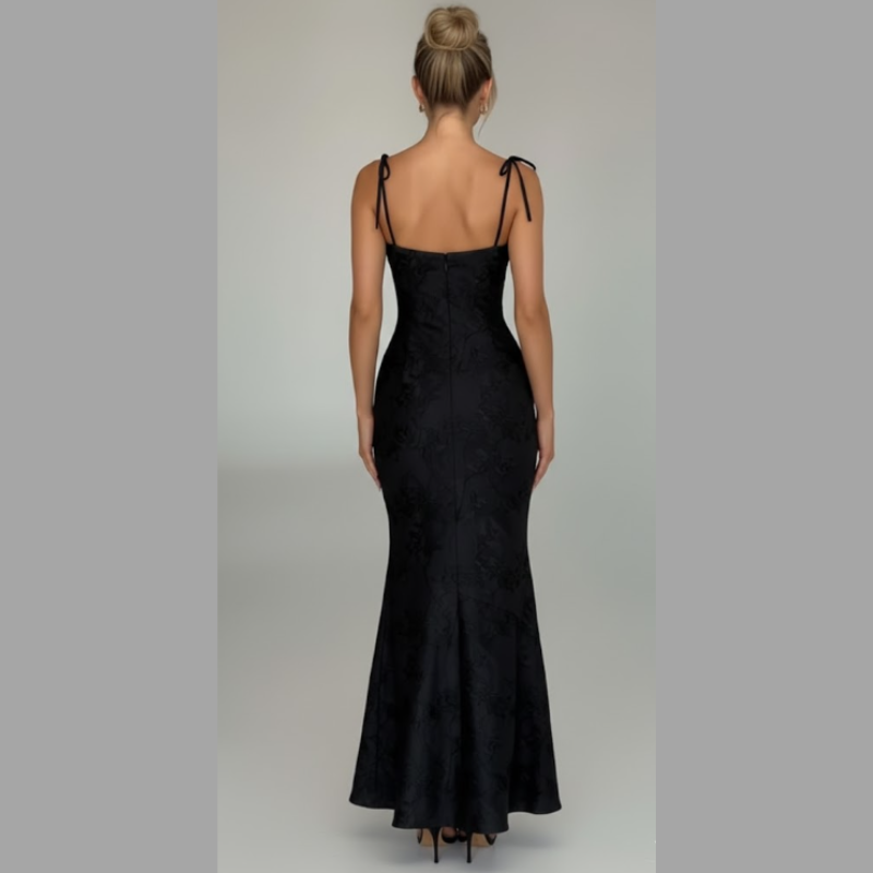 Elegancka wieczorowa suknia damska z dekoltem typu cowl – sukienka maxi z wiązaniem na plecach