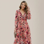 Regina | Damska Sukienka Maxi Boho w Kwiaty – Elegancka Długa Sukienka z Długim Rękawem