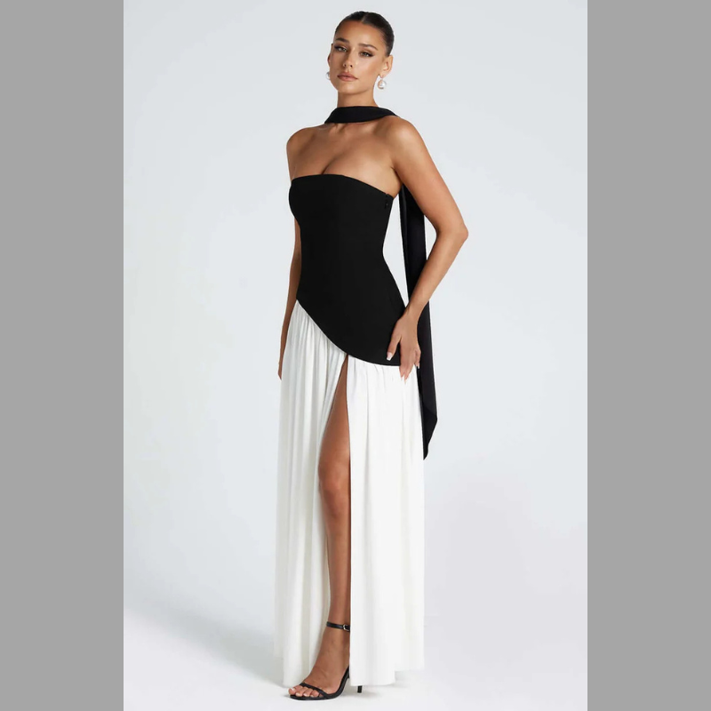 Elegancka wieczorowa suknia damska bez ramiączek – w komplecie szykowny szal