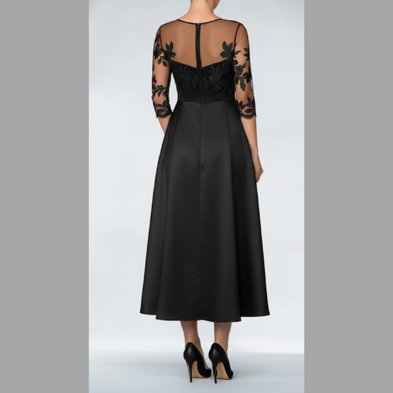 Elegancka sukienka midi damska o kroju litery A – klasyczny koktajlowy styl z okrągłym dekoltem