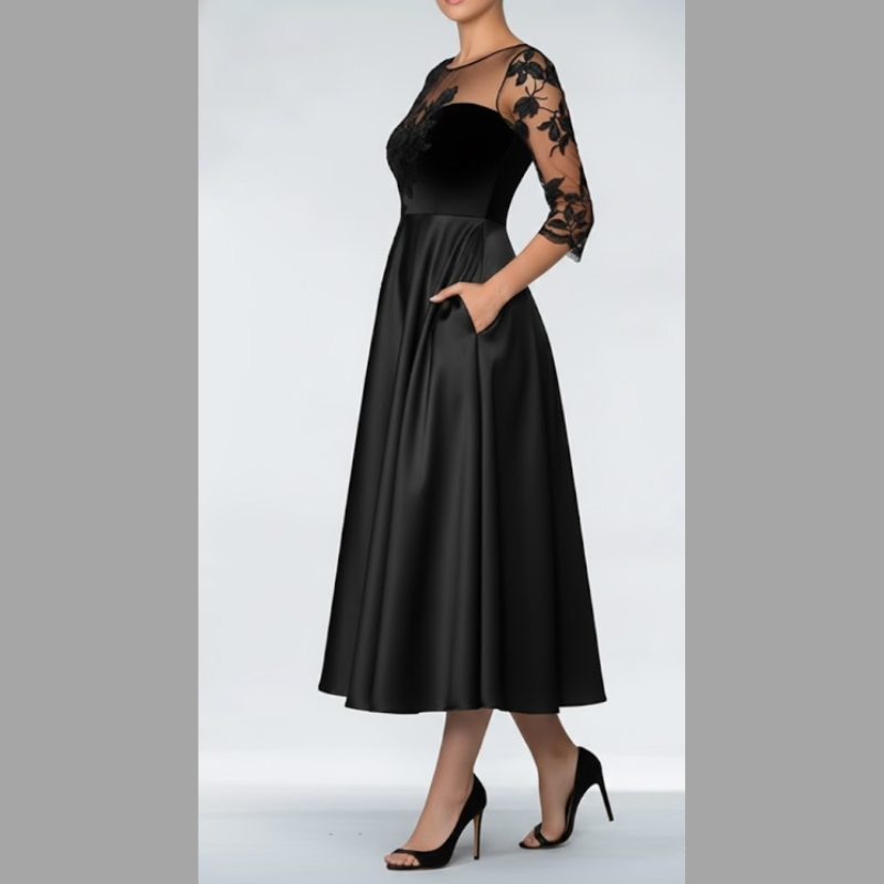 Elegancka sukienka midi damska o kroju litery A – klasyczny koktajlowy styl z okrągłym dekoltem