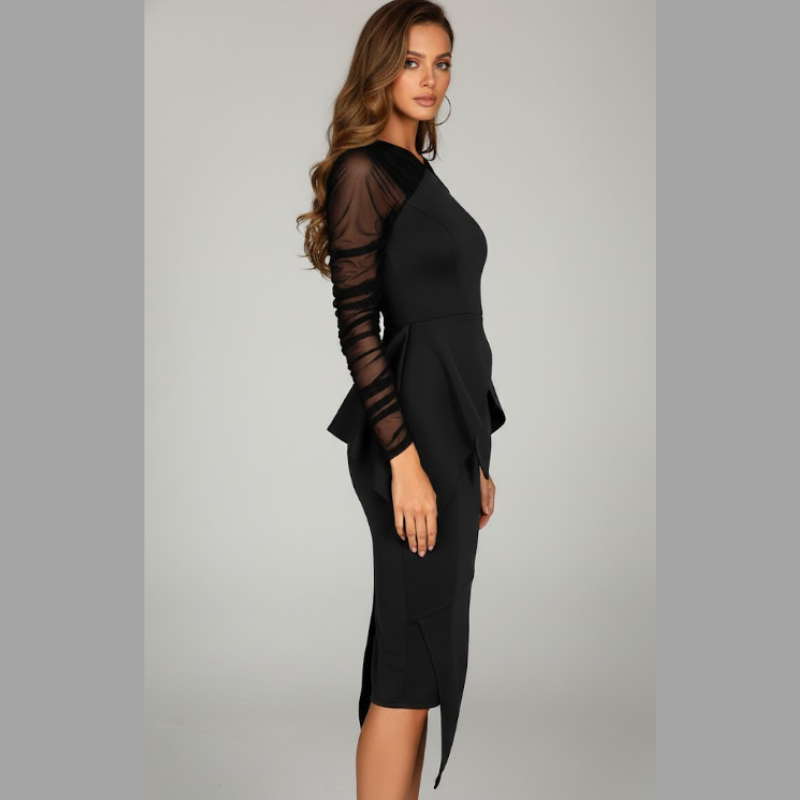 Elegancka czarna sukienka koktajlowa midi – nowoczesna elegancja z dekoltem w serek