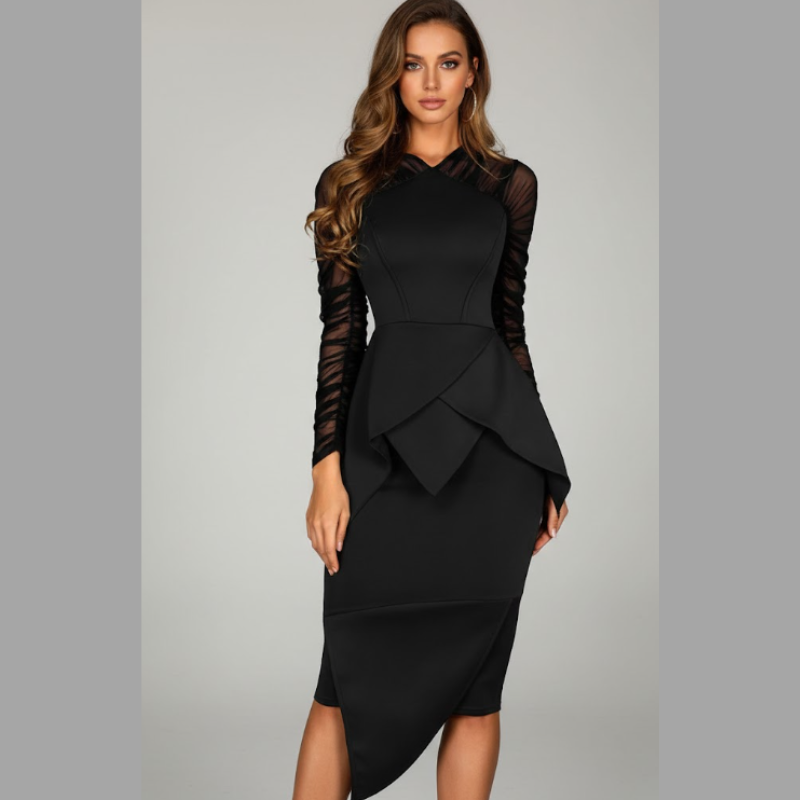 Elegancka czarna sukienka koktajlowa midi – nowoczesna elegancja z dekoltem w serek