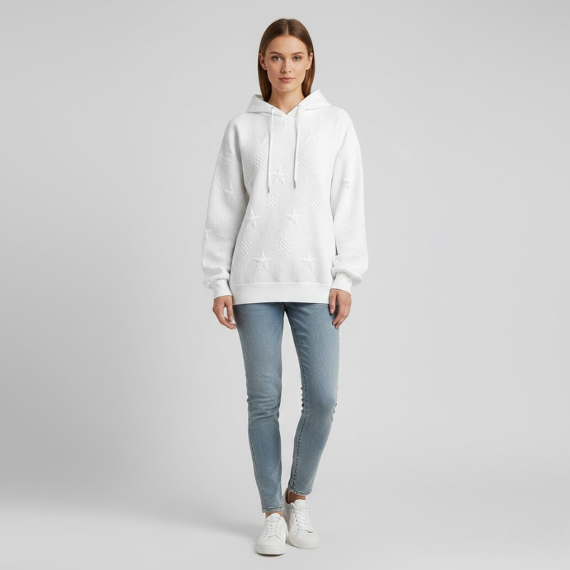 Damska, wygodna, biała, dzianinowa bluza z kapturem – miękka, z długim rękawem, na co dzień, niezbędna