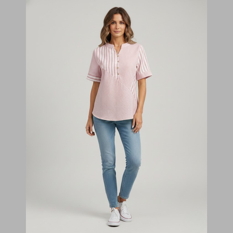Koszula damska w paski, casualowa – lekka tkanina z szykownym kołnierzykiem