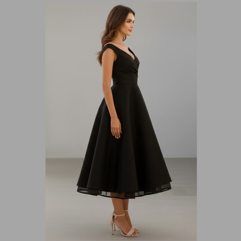 Elegancka sukienka midi z kopertowym dekoltem w serek dla kobiet – styl koktajlowy