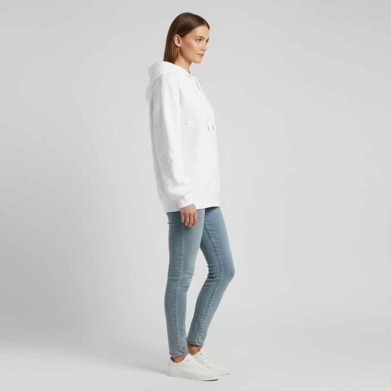 Damska, wygodna, biała, dzianinowa bluza z kapturem – miękka, z długim rękawem, na co dzień, niezbędna