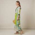 Women's long V-neck dress - elegant, summer dress with 3/4 sleeves