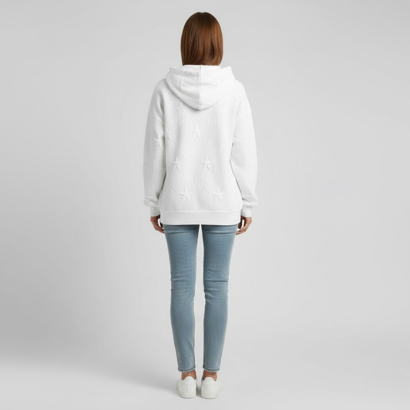 Damska, wygodna, biała, dzianinowa bluza z kapturem – miękka, z długim rękawem, na co dzień, niezbędna