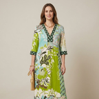 Women's long V-neck dress - elegant, summer dress with 3/4 sleeves