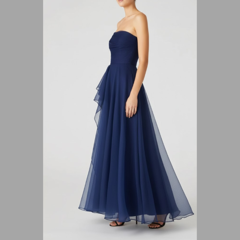 Elegancka sukienka maxi bez ramiączek dla kobiet – zwiewny fason koktajlowy w kształcie litery A