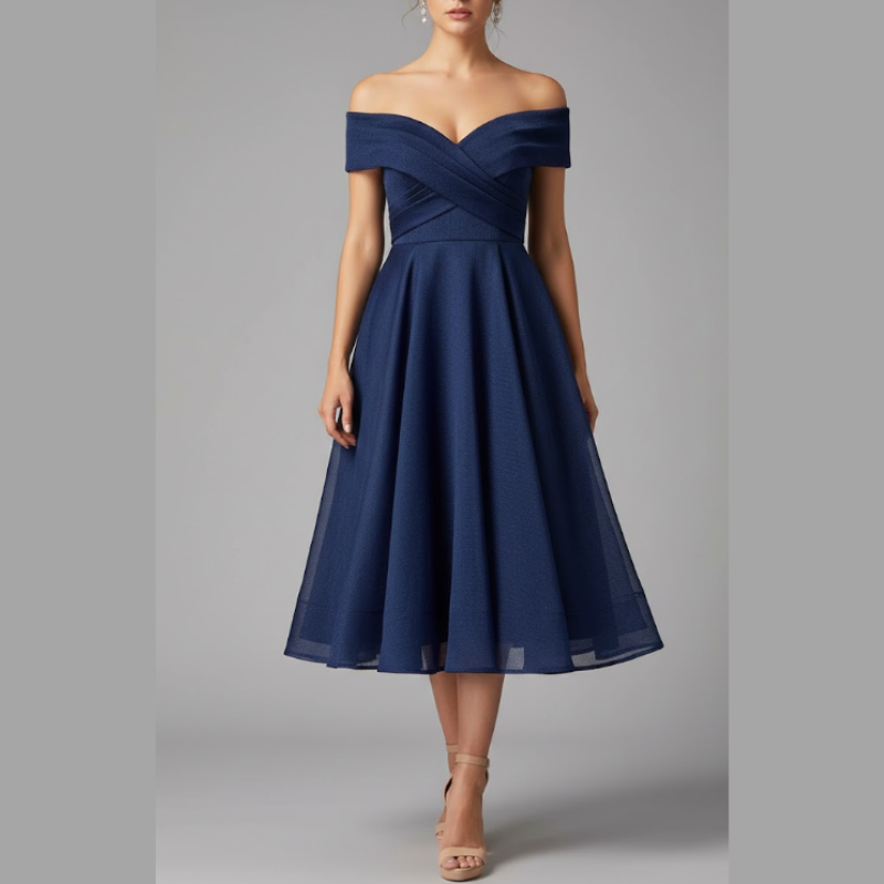 Elegancka rozkloszowana sukienka midi z odkrytymi ramionami dla kobiet – strój na letnie przyjęcie koktajlowe