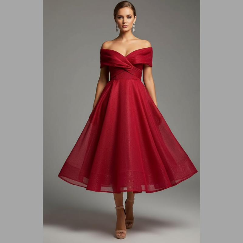 Elegancka rozkloszowana sukienka midi z odkrytymi ramionami dla kobiet – strój na letnie przyjęcie koktajlowe