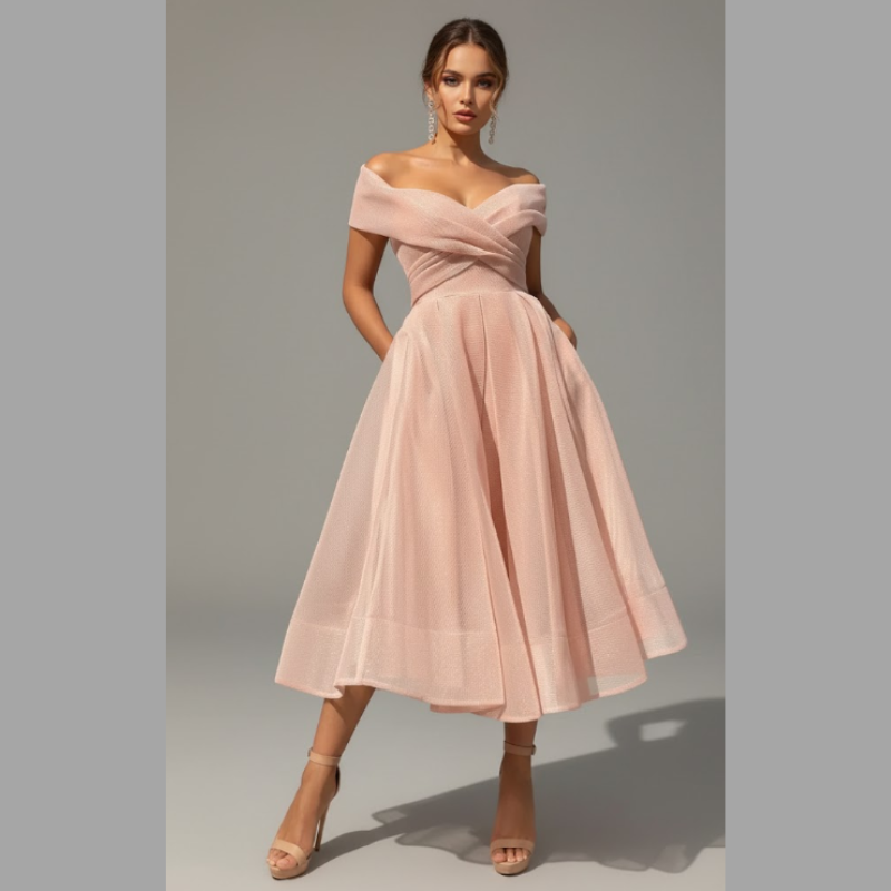 Elegant flared off-the-shoulder midi dress for women – summer cocktail party outfit