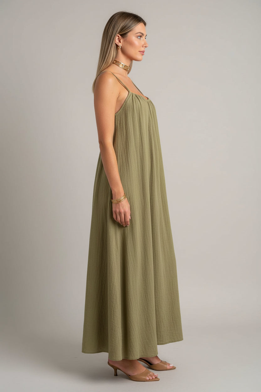 Elegancka sukienka z bawełny i lnu – przewiewna, okrągła szyja, elegancja na co dzień dla kobiet