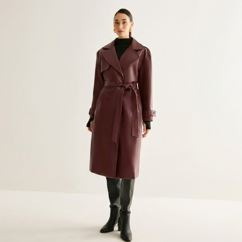 Elegancki, długi płaszcz damski ze sztucznej skóry – wodoodporna, szykowna odzież wierzchnia na co dzień