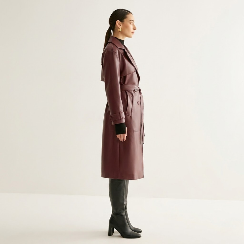 Elegancki, długi płaszcz damski ze sztucznej skóry – wodoodporna, szykowna odzież wierzchnia na co dzień