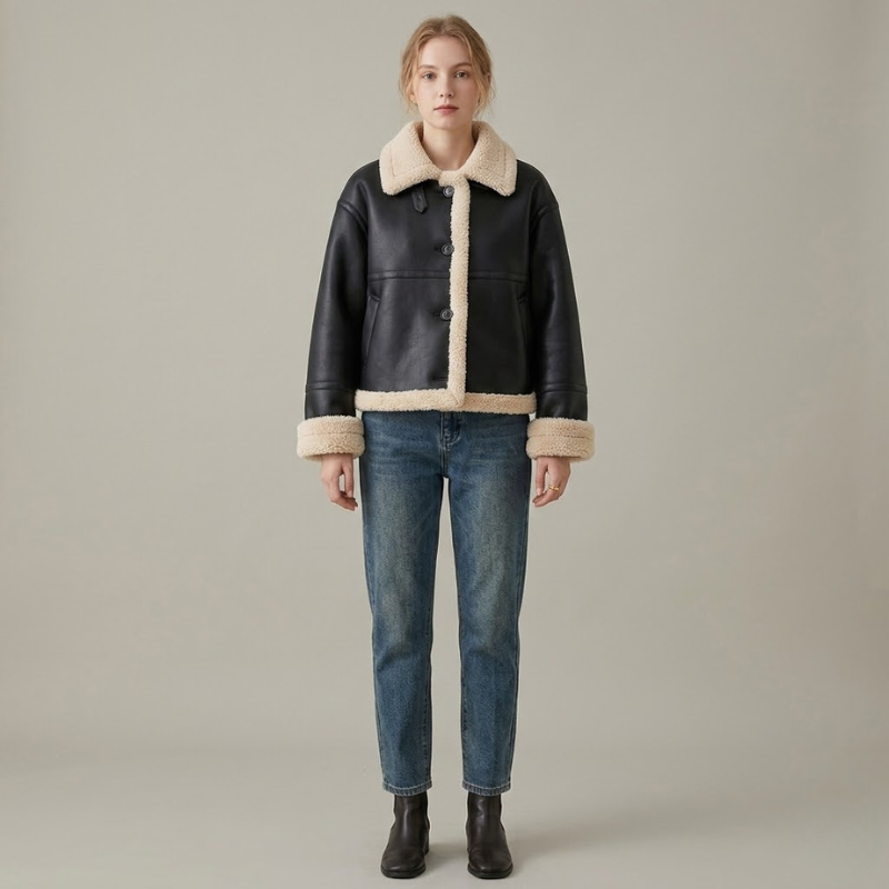 Damska kurtka ze sztucznej skóry – zimowy płaszcz komfortowy z podszewką z pluszu