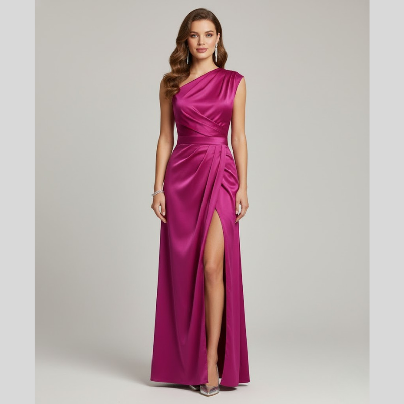 Glamowa sukienka maxi na jedno ramię dla kobiet – wyrafinowany wieczorowy look z rozcięciem