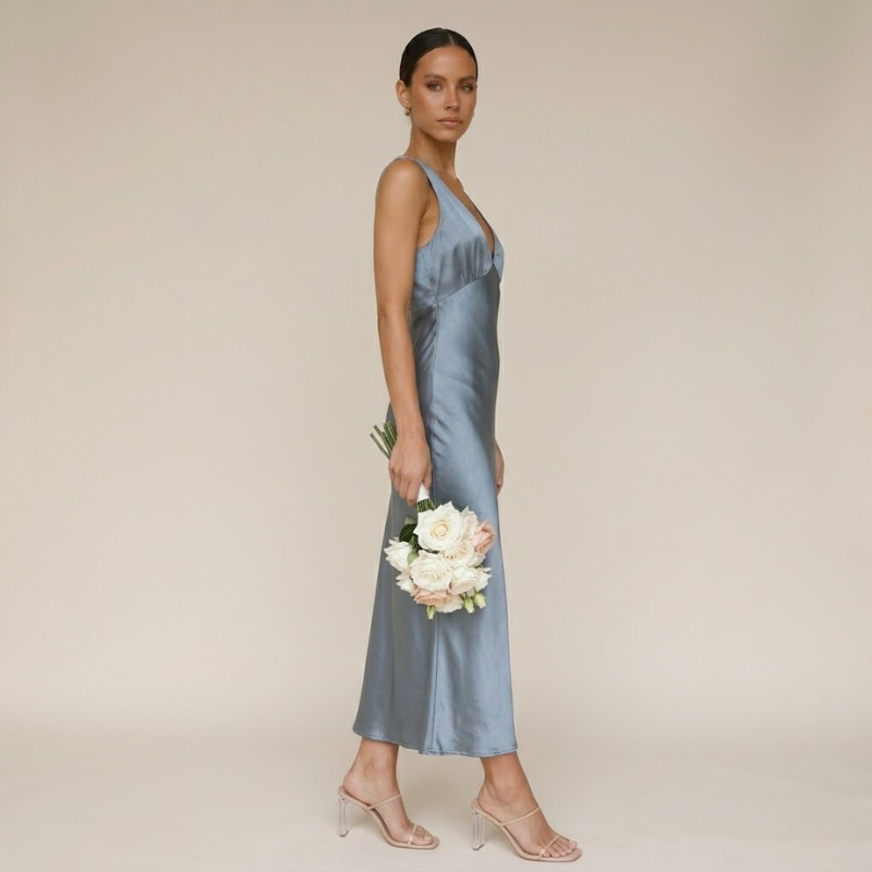 Luxurious satin midi dress for women – elegant cut with a V-neck and a front slit, perfectly conforming to the body